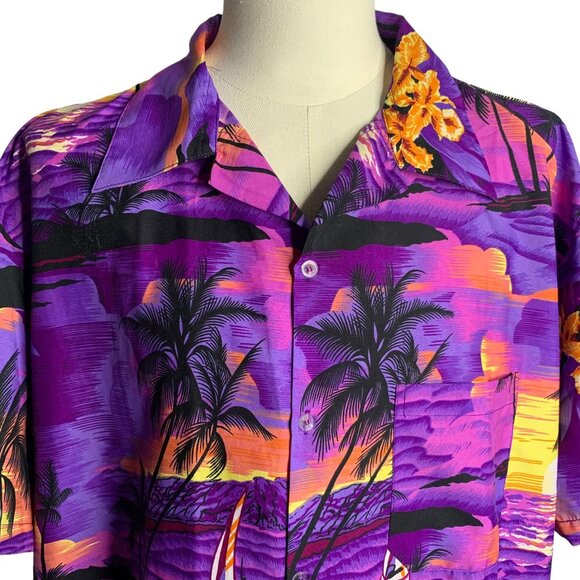 Button Up Hawaiian Camp Shirt 3XL Purple Floral Sunset Beach Short Sleeve Pocket - Picture 2 of 6
